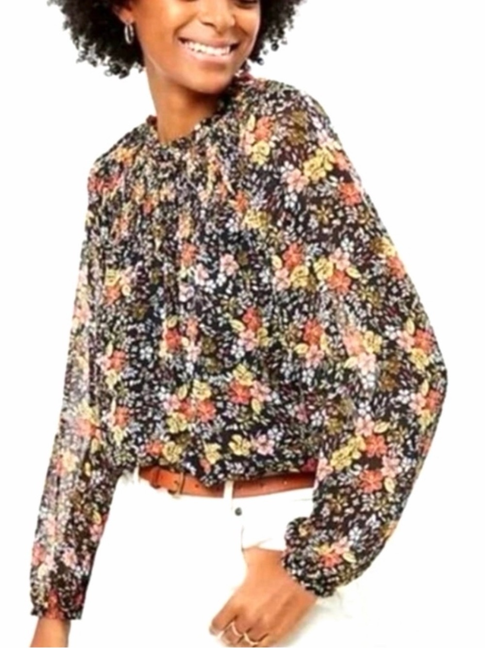 LOFT Black Floral Blouse with Pink and Yellow Blooms size M. EUC.